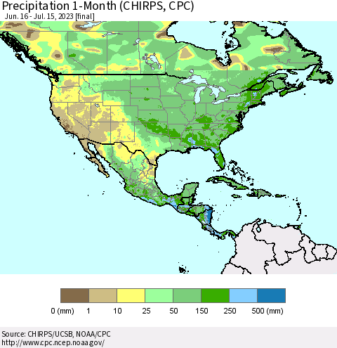North America Precipitation 1-Month (CHIRPS) Thematic Map For 6/16/2023 - 7/15/2023