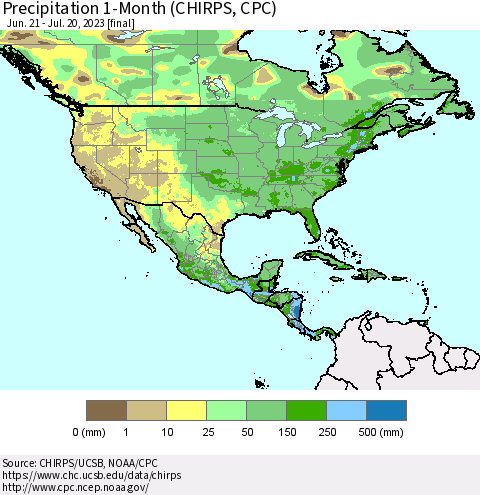 North America Precipitation 1-Month (CHIRPS) Thematic Map For 6/21/2023 - 7/20/2023