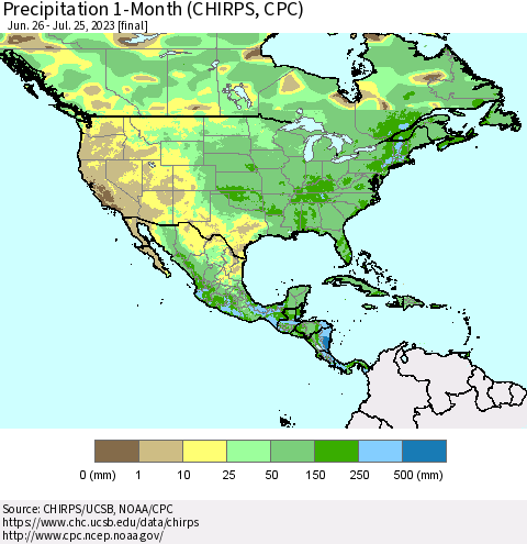 North America Precipitation 1-Month (CHIRPS) Thematic Map For 6/26/2023 - 7/25/2023