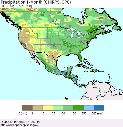 North America Precipitation 1-Month (CHIRPS) Thematic Map For 7/6/2023 - 8/5/2023