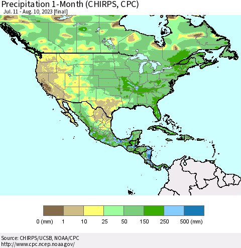 North America Precipitation 1-Month (CHIRPS) Thematic Map For 7/11/2023 - 8/10/2023