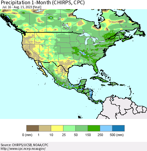 North America Precipitation 1-Month (CHIRPS) Thematic Map For 7/16/2023 - 8/15/2023