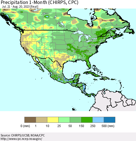 North America Precipitation 1-Month (CHIRPS) Thematic Map For 7/21/2023 - 8/20/2023