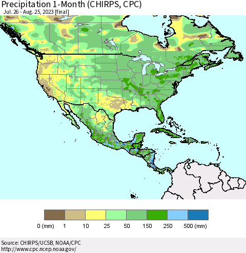 North America Precipitation 1-Month (CHIRPS) Thematic Map For 7/26/2023 - 8/25/2023