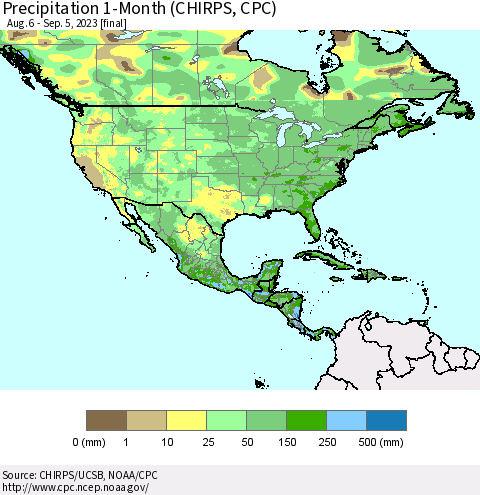 North America Precipitation 1-Month (CHIRPS) Thematic Map For 8/6/2023 - 9/5/2023