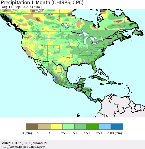 North America Precipitation 1-Month (CHIRPS) Thematic Map For 8/11/2023 - 9/10/2023