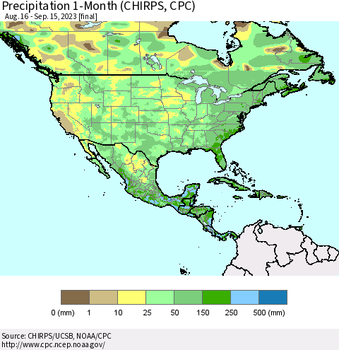 North America Precipitation 1-Month (CHIRPS) Thematic Map For 8/16/2023 - 9/15/2023