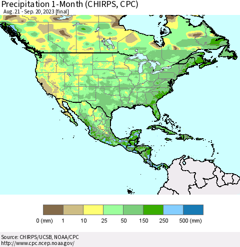 North America Precipitation 1-Month (CHIRPS) Thematic Map For 8/21/2023 - 9/20/2023