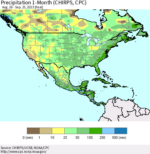 North America Precipitation 1-Month (CHIRPS) Thematic Map For 8/26/2023 - 9/25/2023