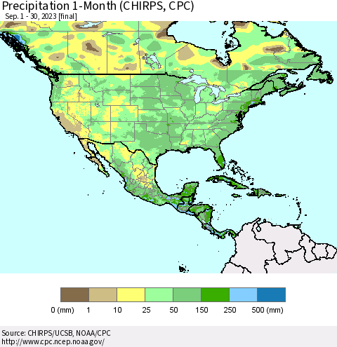 North America Precipitation 1-Month (CHIRPS) Thematic Map For 9/1/2023 - 9/30/2023