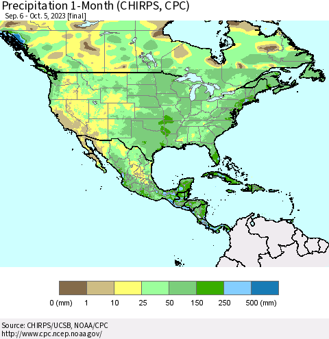 North America Precipitation 1-Month (CHIRPS) Thematic Map For 9/6/2023 - 10/5/2023