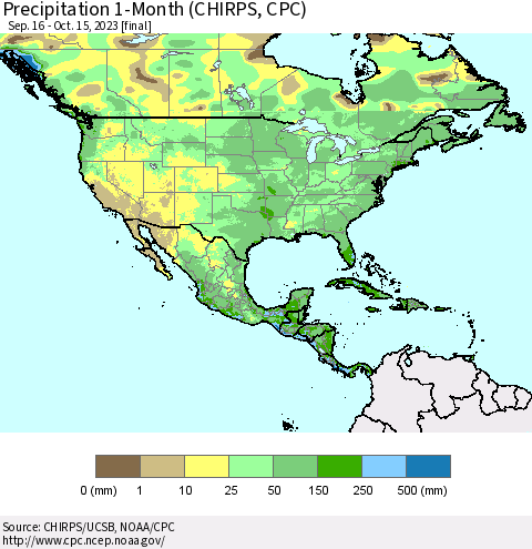North America Precipitation 1-Month (CHIRPS) Thematic Map For 9/16/2023 - 10/15/2023