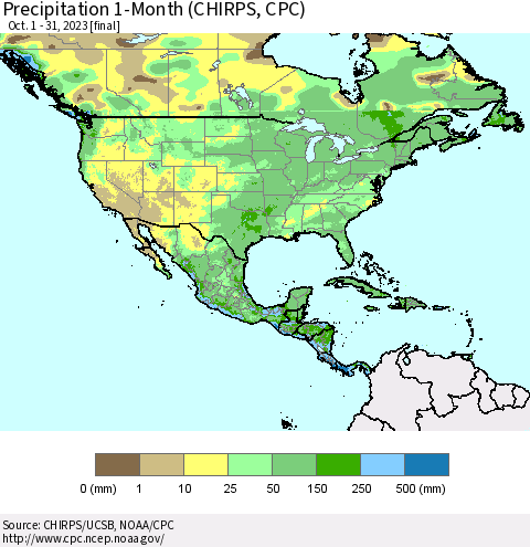 North America Precipitation 1-Month (CHIRPS) Thematic Map For 10/1/2023 - 10/31/2023