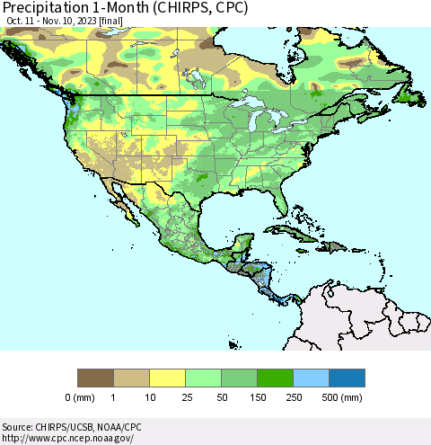 North America Precipitation 1-Month (CHIRPS) Thematic Map For 10/11/2023 - 11/10/2023