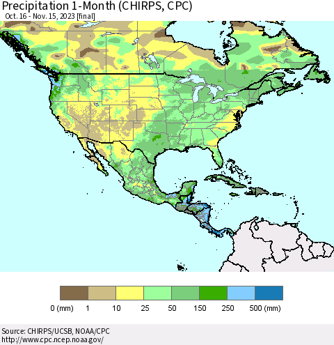 North America Precipitation 1-Month (CHIRPS) Thematic Map For 10/16/2023 - 11/15/2023