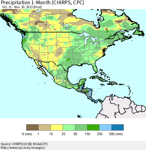 North America Precipitation 1-Month (CHIRPS) Thematic Map For 10/21/2023 - 11/20/2023