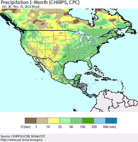North America Precipitation 1-Month (CHIRPS) Thematic Map For 10/26/2023 - 11/25/2023
