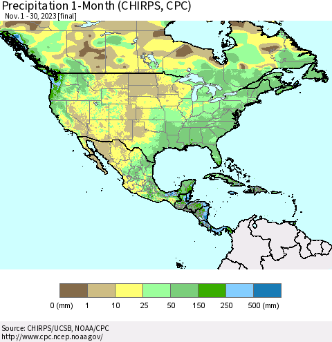 North America Precipitation 1-Month (CHIRPS) Thematic Map For 11/1/2023 - 11/30/2023
