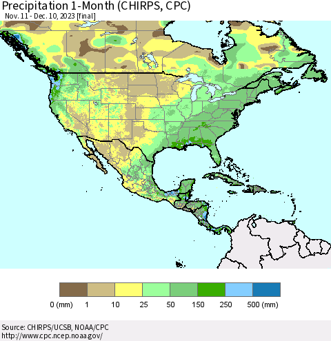 North America Precipitation 1-Month (CHIRPS) Thematic Map For 11/11/2023 - 12/10/2023