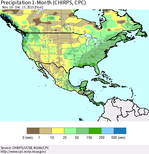 North America Precipitation 1-Month (CHIRPS) Thematic Map For 11/16/2023 - 12/15/2023