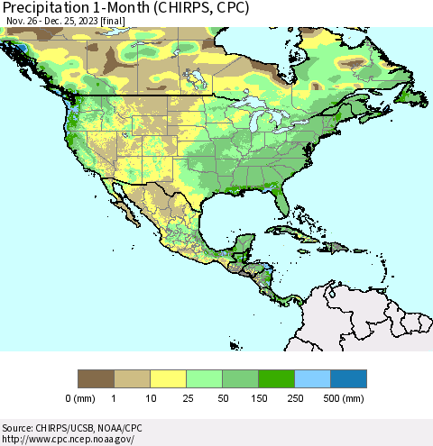 North America Precipitation 1-Month (CHIRPS) Thematic Map For 11/26/2023 - 12/25/2023