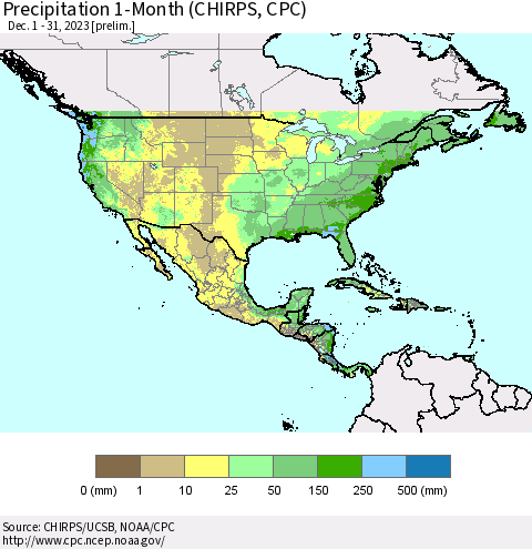North America Precipitation 1-Month (CHIRPS) Thematic Map For 12/1/2023 - 12/31/2023