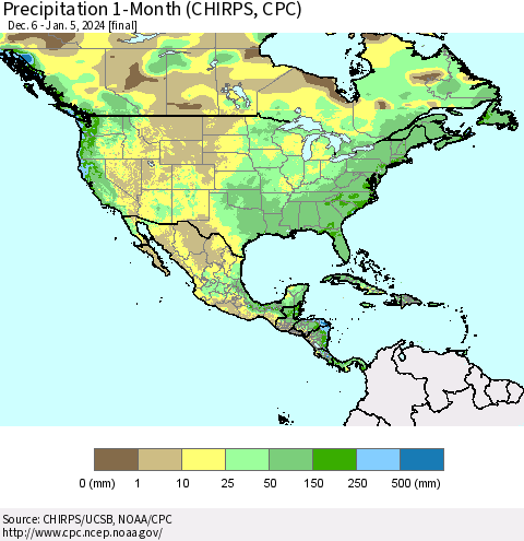 North America Precipitation 1-Month (CHIRPS) Thematic Map For 12/6/2023 - 1/5/2024