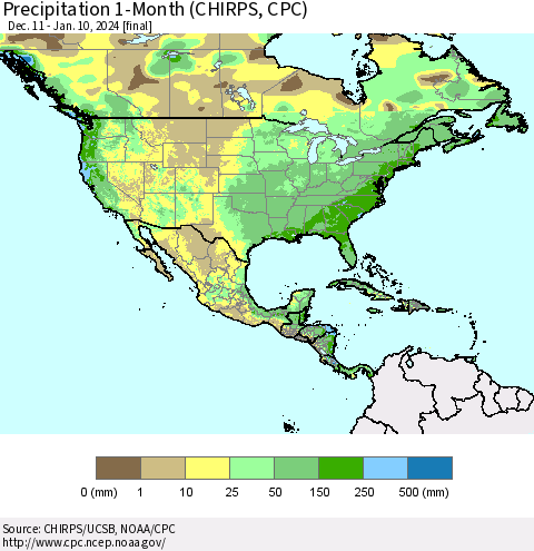 North America Precipitation 1-Month (CHIRPS) Thematic Map For 12/11/2023 - 1/10/2024