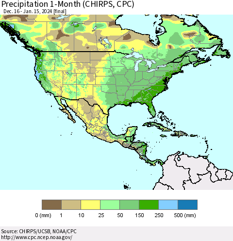 North America Precipitation 1-Month (CHIRPS) Thematic Map For 12/16/2023 - 1/15/2024