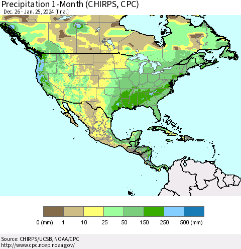 North America Precipitation 1-Month (CHIRPS) Thematic Map For 12/26/2023 - 1/25/2024