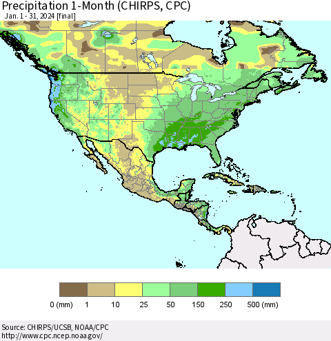 North America Precipitation 1-Month (CHIRPS) Thematic Map For 1/1/2024 - 1/31/2024