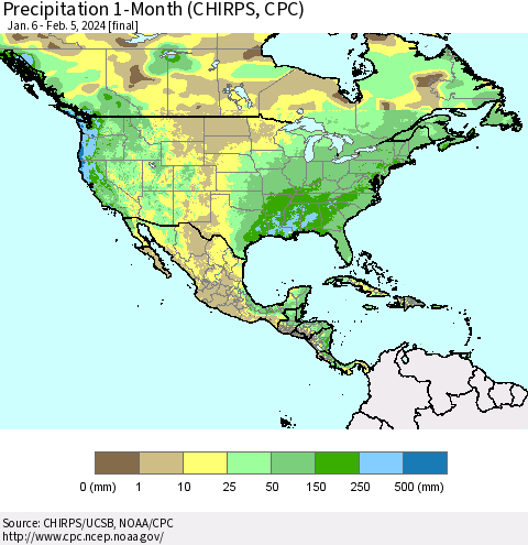 North America Precipitation 1-Month (CHIRPS) Thematic Map For 1/6/2024 - 2/5/2024