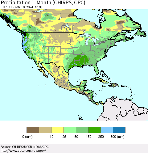 North America Precipitation 1-Month (CHIRPS) Thematic Map For 1/11/2024 - 2/10/2024