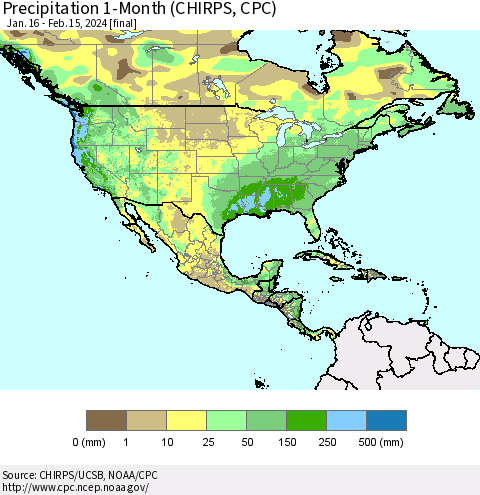 North America Precipitation 1-Month (CHIRPS) Thematic Map For 1/16/2024 - 2/15/2024