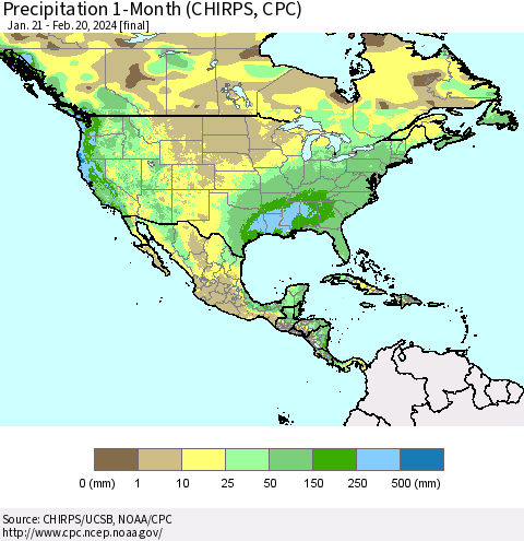 North America Precipitation 1-Month (CHIRPS) Thematic Map For 1/21/2024 - 2/20/2024