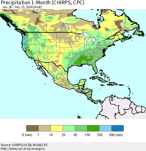 North America Precipitation 1-Month (CHIRPS) Thematic Map For 1/26/2024 - 2/25/2024