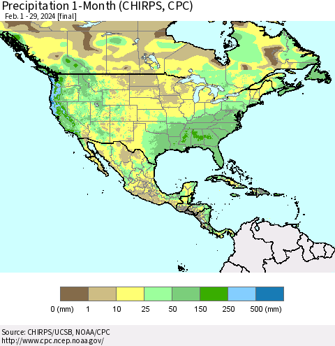 North America Precipitation 1-Month (CHIRPS) Thematic Map For 2/1/2024 - 2/29/2024