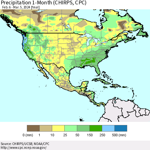 North America Precipitation 1-Month (CHIRPS) Thematic Map For 2/6/2024 - 3/5/2024
