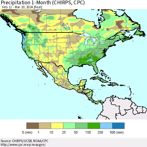 North America Precipitation 1-Month (CHIRPS) Thematic Map For 2/11/2024 - 3/10/2024