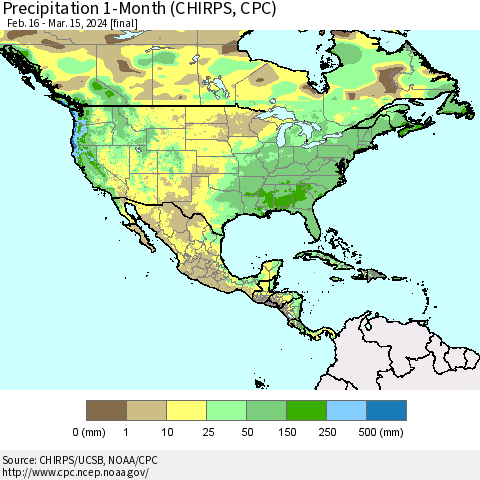 North America Precipitation 1-Month (CHIRPS) Thematic Map For 2/16/2024 - 3/15/2024