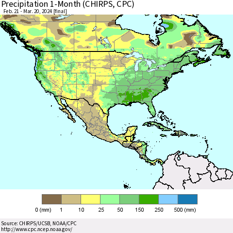 North America Precipitation 1-Month (CHIRPS) Thematic Map For 2/21/2024 - 3/20/2024