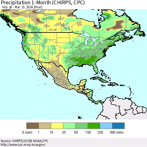 North America Precipitation 1-Month (CHIRPS) Thematic Map For 2/26/2024 - 3/25/2024