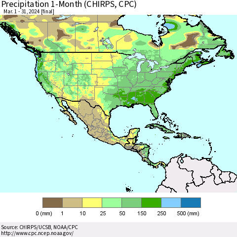 North America Precipitation 1-Month (CHIRPS) Thematic Map For 3/1/2024 - 3/31/2024