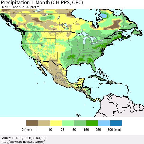 North America Precipitation 1-Month (CHIRPS) Thematic Map For 3/6/2024 - 4/5/2024
