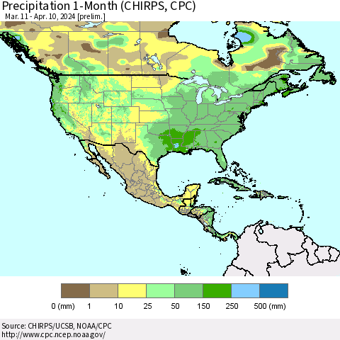 North America Precipitation 1-Month (CHIRPS) Thematic Map For 3/11/2024 - 4/10/2024