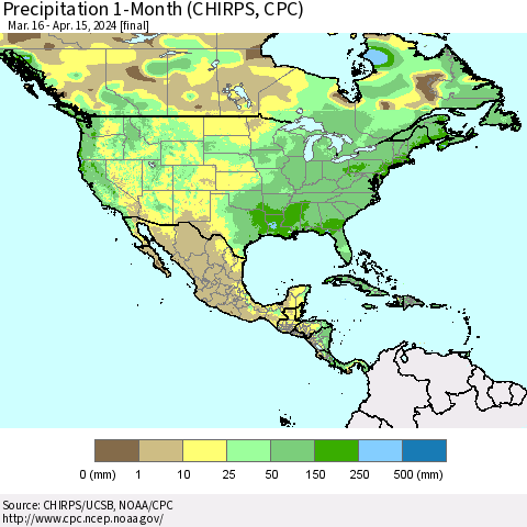 North America Precipitation 1-Month (CHIRPS) Thematic Map For 3/16/2024 - 4/15/2024