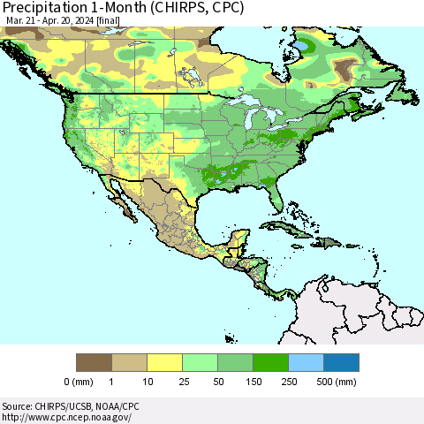 North America Precipitation 1-Month (CHIRPS) Thematic Map For 3/21/2024 - 4/20/2024