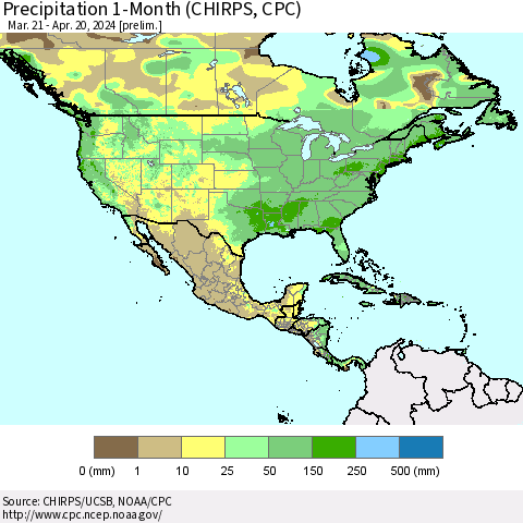North America Precipitation 1-Month (CHIRPS) Thematic Map For 3/21/2024 - 4/20/2024
