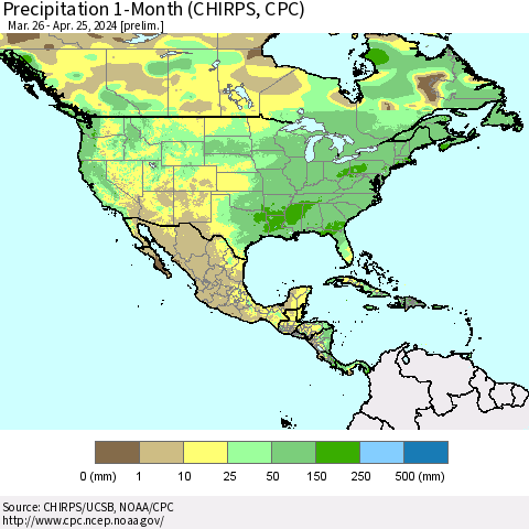 North America Precipitation 1-Month (CHIRPS) Thematic Map For 3/26/2024 - 4/25/2024
