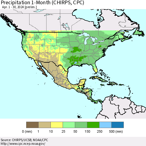 North America Precipitation 1-Month (CHIRPS) Thematic Map For 4/1/2024 - 4/30/2024